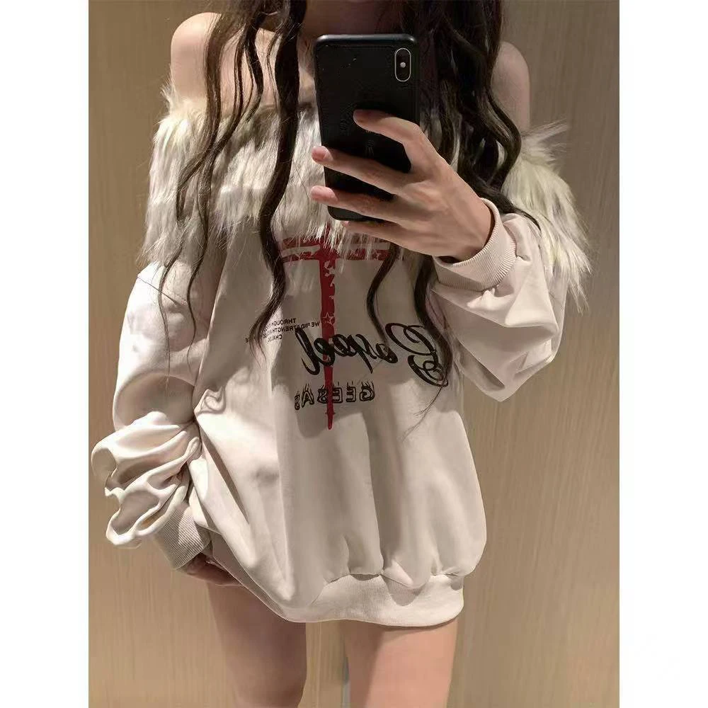 بلوزات الأمريكية الرجعية طويلة الأكمام فو الفراء مائل الرقبة تيز ثقافة فرعية Harajuku مثير نمط الخريف الجمالية النساء الملابس