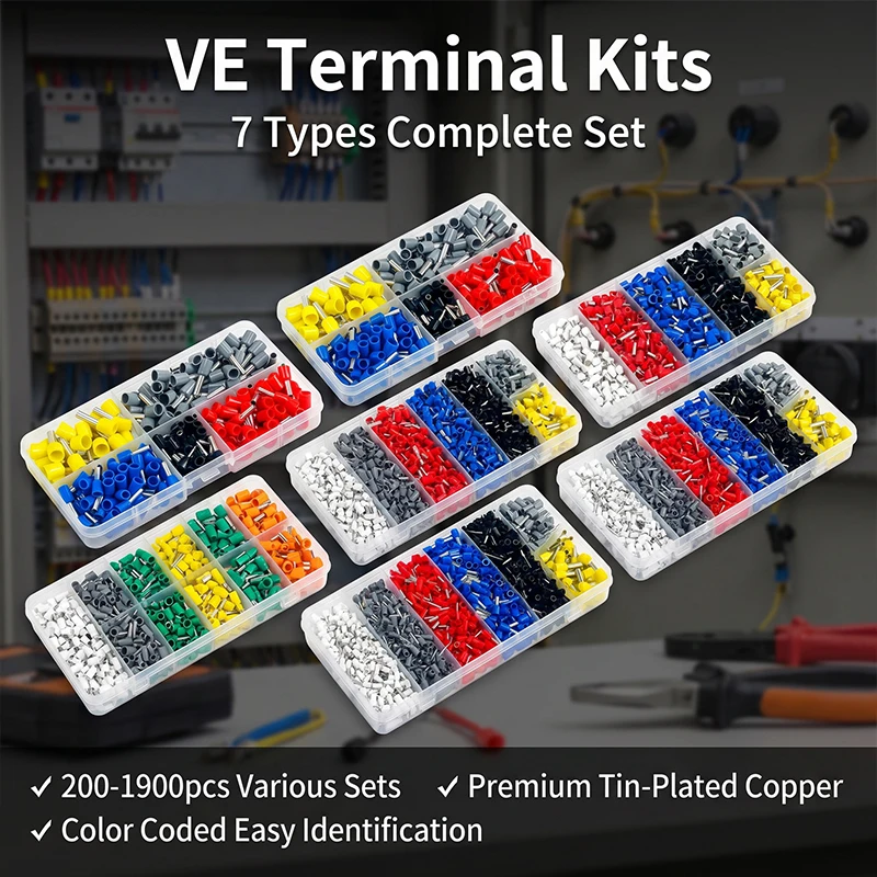 200-1900Pcs Electrical Tube Insulated Terminal VE Tubular Crimp Terminals Wire Cable Connector Ferrules Terminal Connectors