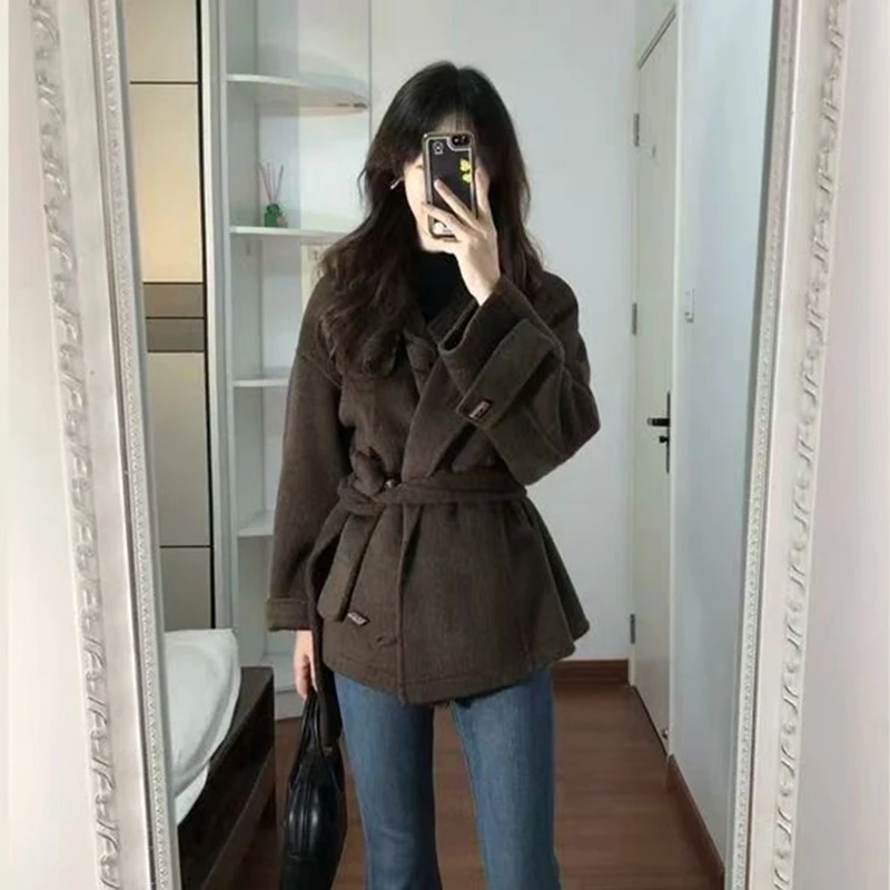 Vintage Faux Woolen Coats Women Fall Winter Casual Warm Toggle Button Jacket Office Lady Cinched Waist Strap Retro Loose Outwear