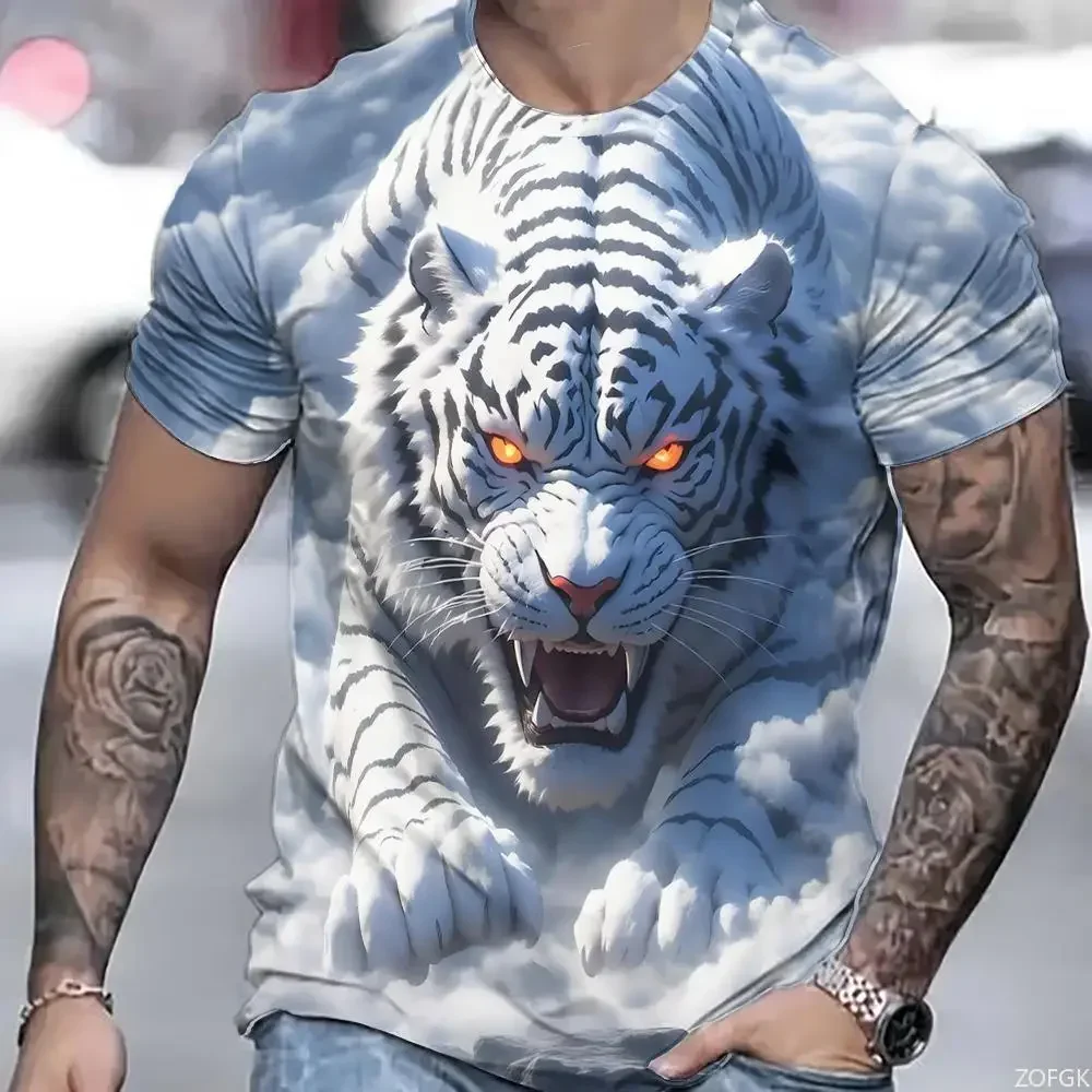 Best-selling tiger print 3D printed T-shirt for spring and summer, short-sleeved T-shirt, cool and powerful youth-style top