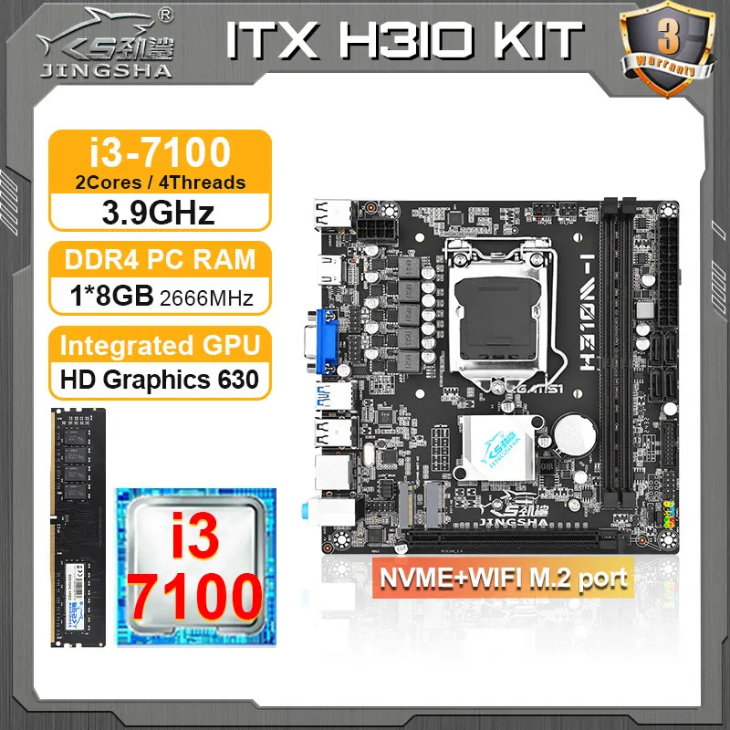 JINGSHA H310 mini itx motherboard set with i3 7100 CPU + 8GB DDR4 RAM combo  placa mae itx LGA 1151 with NVME WIFI M.2 ports