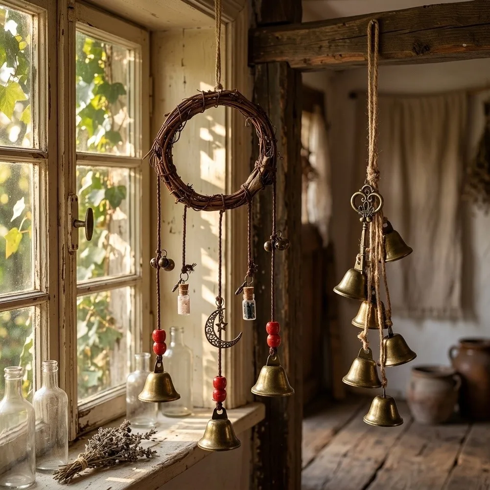 Vintage Witch Bells Wind Chime Handcrafted Metal Rattan Hanging Decoration For Door Knob Window Halloween Home Room Ornament