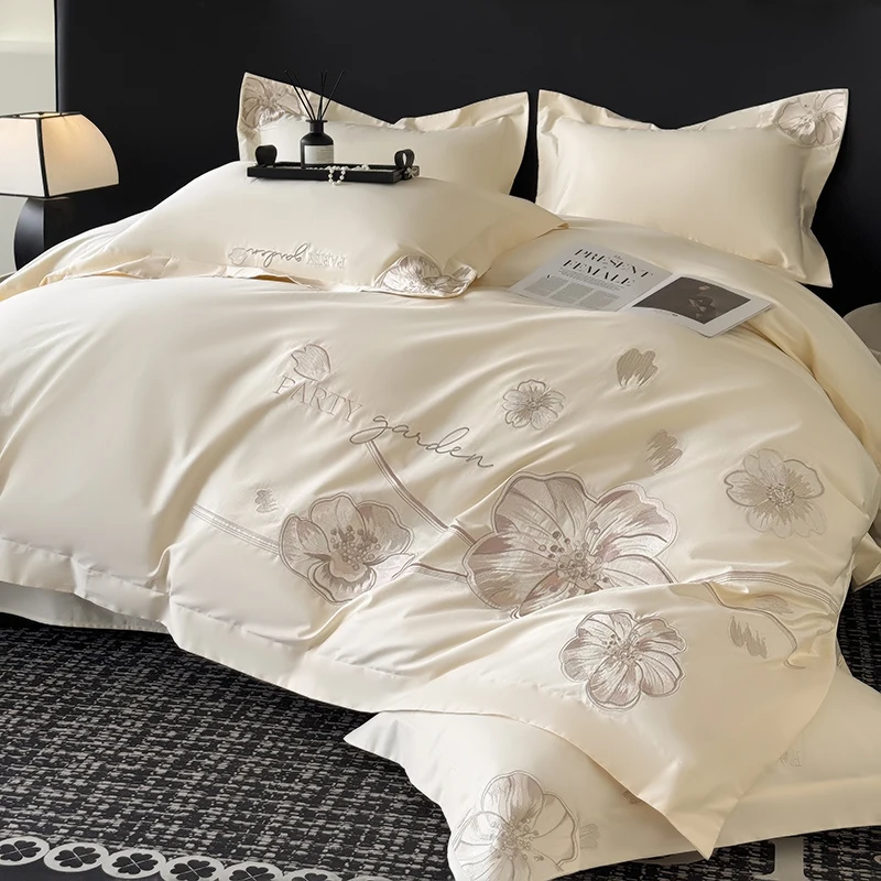 600TC Egyptian Cotton Luxury Flower Embroidery Bedding Set Queen King Duvet Cover Bed Sheet/Fitted Sheet Pillowcases 4Pcs