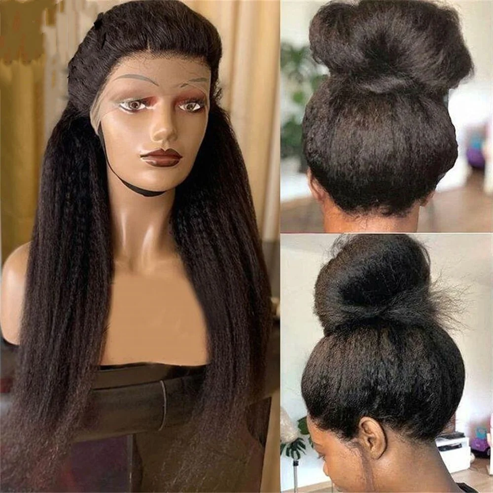 Peluca con malla frontal para mujer, pelo largo de 26 pulgadas, sin pegamento, 180 de densidad, Yaki negro, liso y rizado, con pelo de bebé prearrancado para uso diario