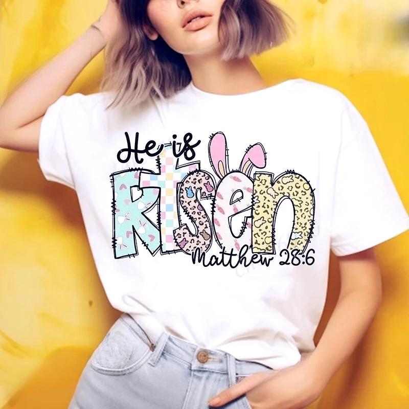 Er ist auferstanden T-Shirts Matthäus 28:6 Damen T-Shirts Retro Oster-T-Shirts 2026 Neue Oster-Kristliche Bibelverse Y2k Damenkleidung
