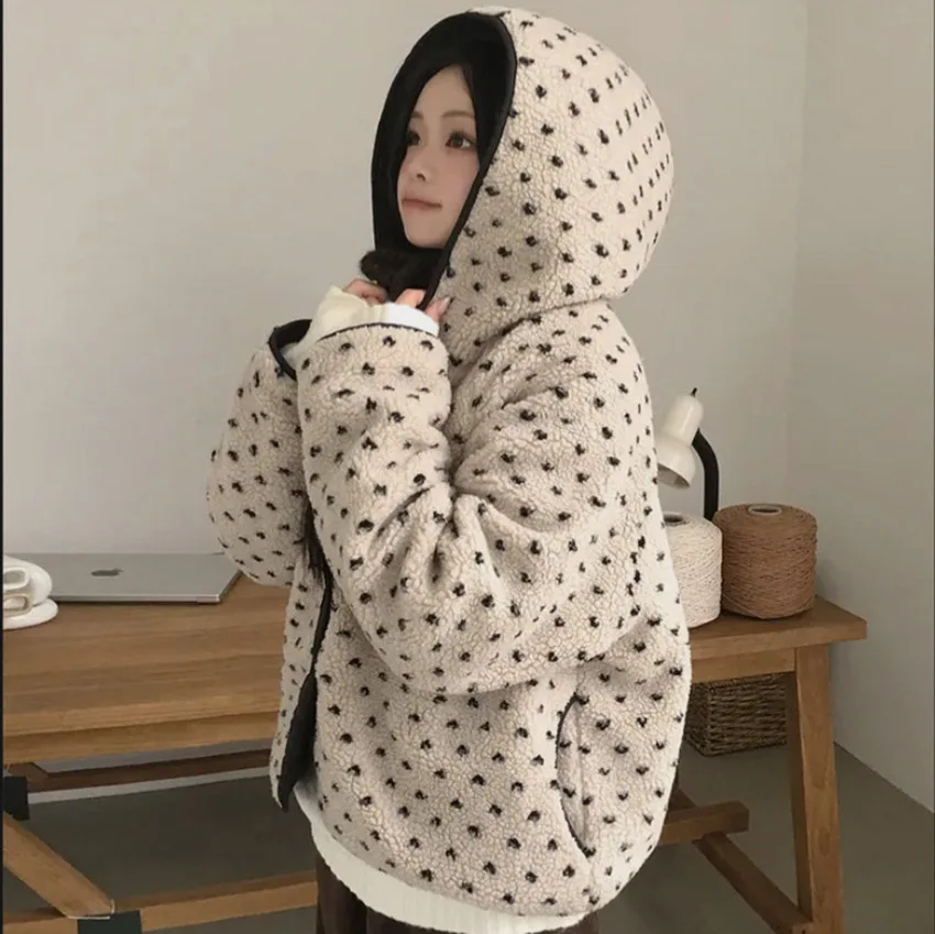Ins' New Autumn And Winter Korean-style Hooded Two-sided Design Loose Thickened Lambskin Cotton Jacket