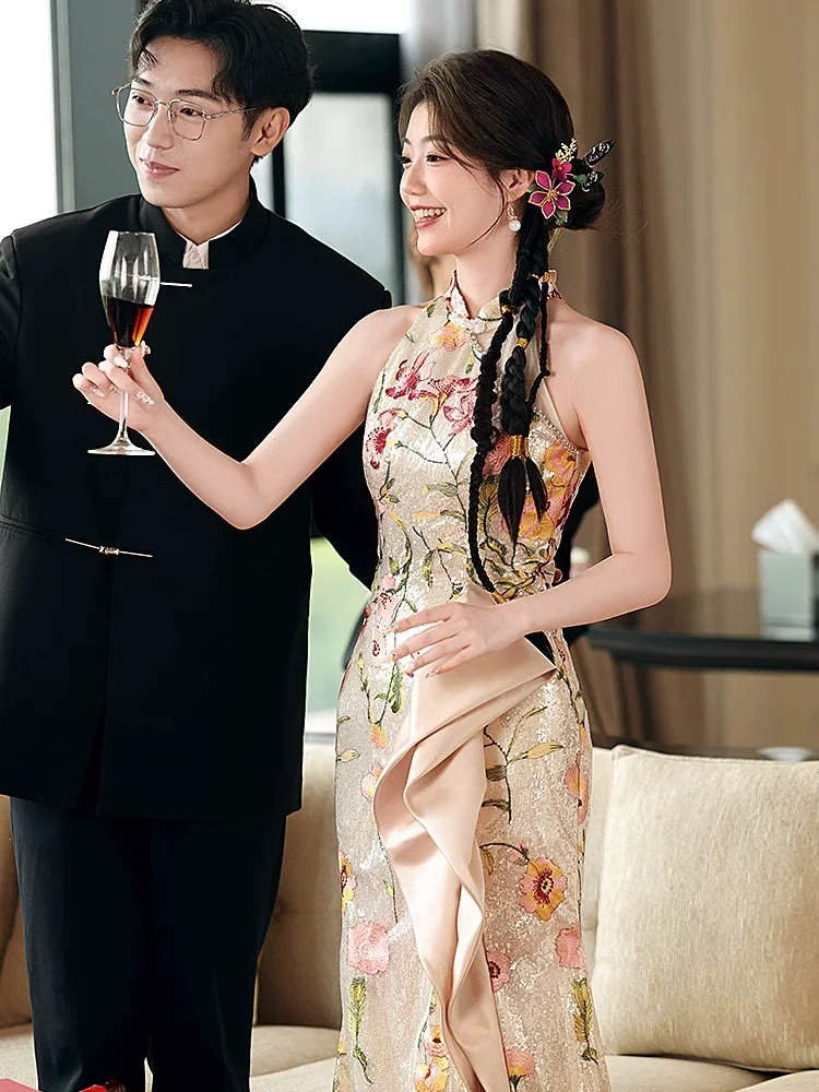 Improved Chinese Style Dresses Women Toast Bride Banquet Gown Jacquard Cheongsam Vestidos Sexy Hollow Mandarin Collar Qipao