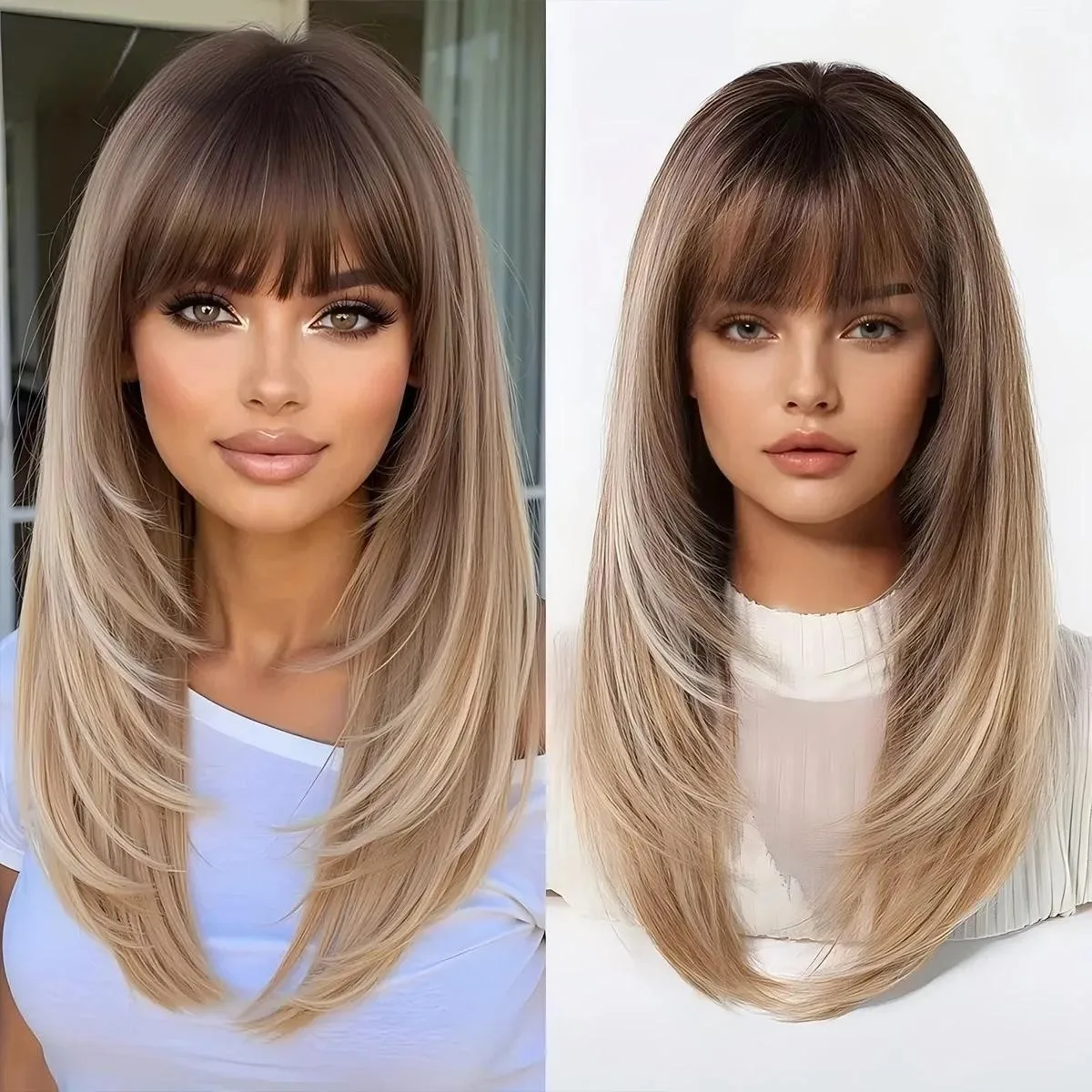 

Brown to Blonde Ombre Straight Synthetic Wigs for Women Long Straight Layered