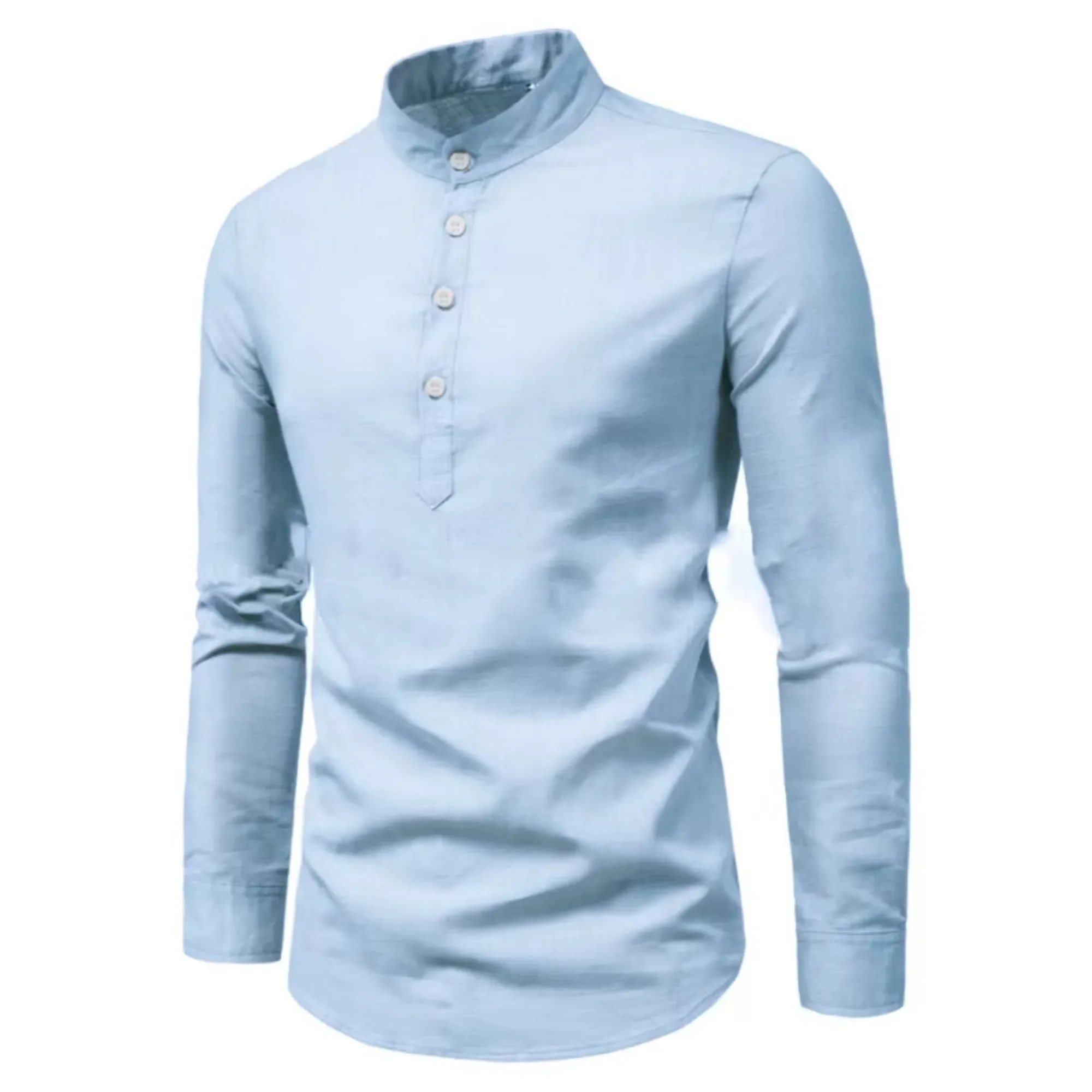 Camicia casual da uomo ampia camicia autunnale moda colletto alla coreana cotone manica lunga tinta unita Stock 2023 abbigliamento da uomo