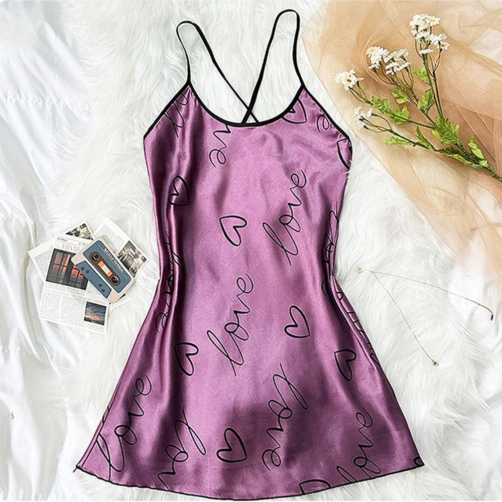 ฤดูร้อนเซ็กซี่ชุดนอนสลิง Nightdress เปิดกลับ Criss Cross Sleep ชุดโรแมนติกหัวใจพิมพ์ชุดนอนผู้หญิง