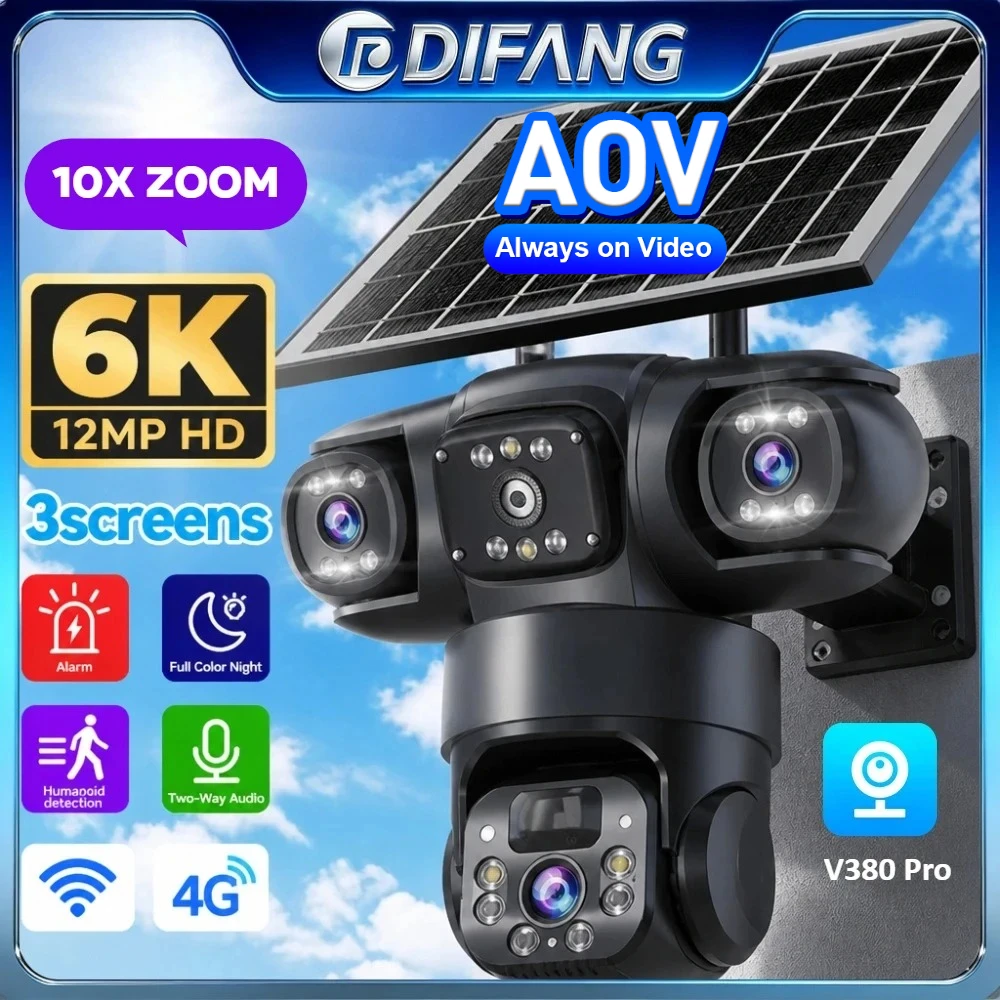 Caméra solaire V380 Pro WiFi à trois écrans, CCTV AOV 4G LTE avec carte SIM, surveillance vidéo, caméra IP solaire PTZ, protection de sécurité 4G