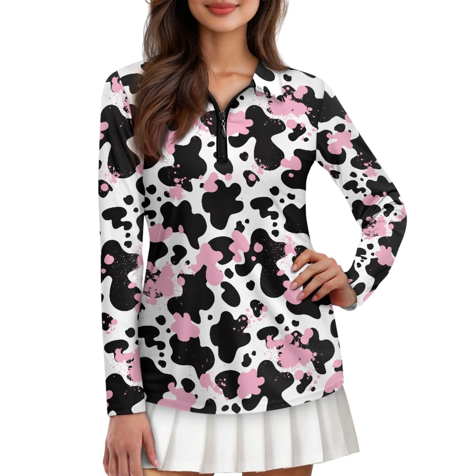PENSTROLL Cow Print Womens Athletic Fit Athletic Blouses Machine Washable Pullover Polo Tops for Tennis Court