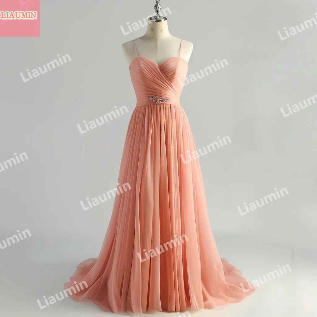 Custom Pink Tulle Pleat Lace Up Back Summer Prom Dress Floor Length Spaghetti Strap Evening Dresses Formal Clothing W15-48.5