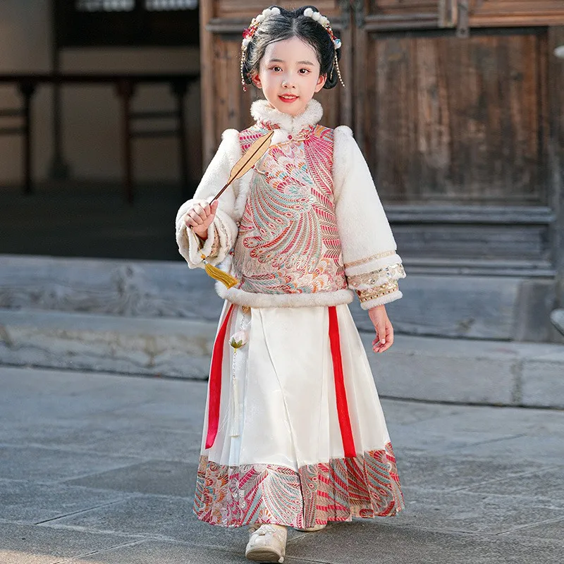 Children's Winter Warm Hanfu Set Girls Ancient Perform Costume Thick New Year Clothing Baby Kids Tang Suit Stage Dress