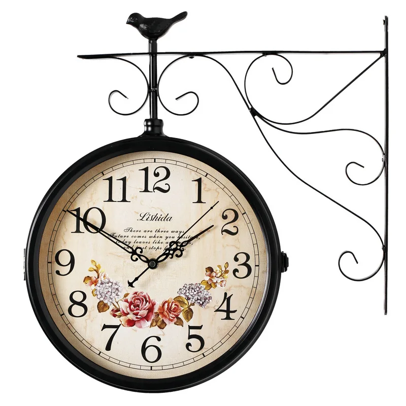 European antique silent double-sided wall clock American wrought iron two-sided clock Nordic simple and creative living room