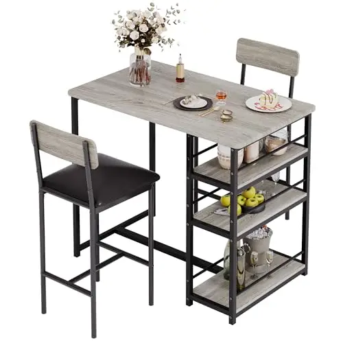 

Compact 3-Piece Bar Dining Set: Grey Wood-Effect Table With 2 Padded Stools, 3-Tier Shelf Unit, Steel Frame, Easy Assembly