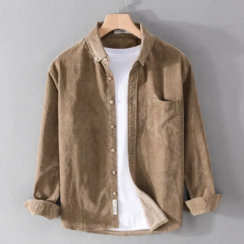 Retro Japanese Style Long Sleeve Men's Shirt Casual Corduroy Loose Fit Spring 2023 Versatile Outerwear Shirt Autumn Striped