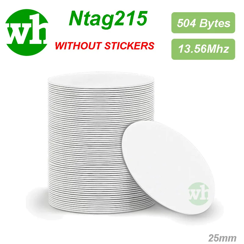 100Pcs 13.56MHz Ntag215 NFC Round Coins Cards RFID Badge Backing 504 Bytes ISO/IEC 14443 A 25mm Waterproof PVC 215 Tag for Phone