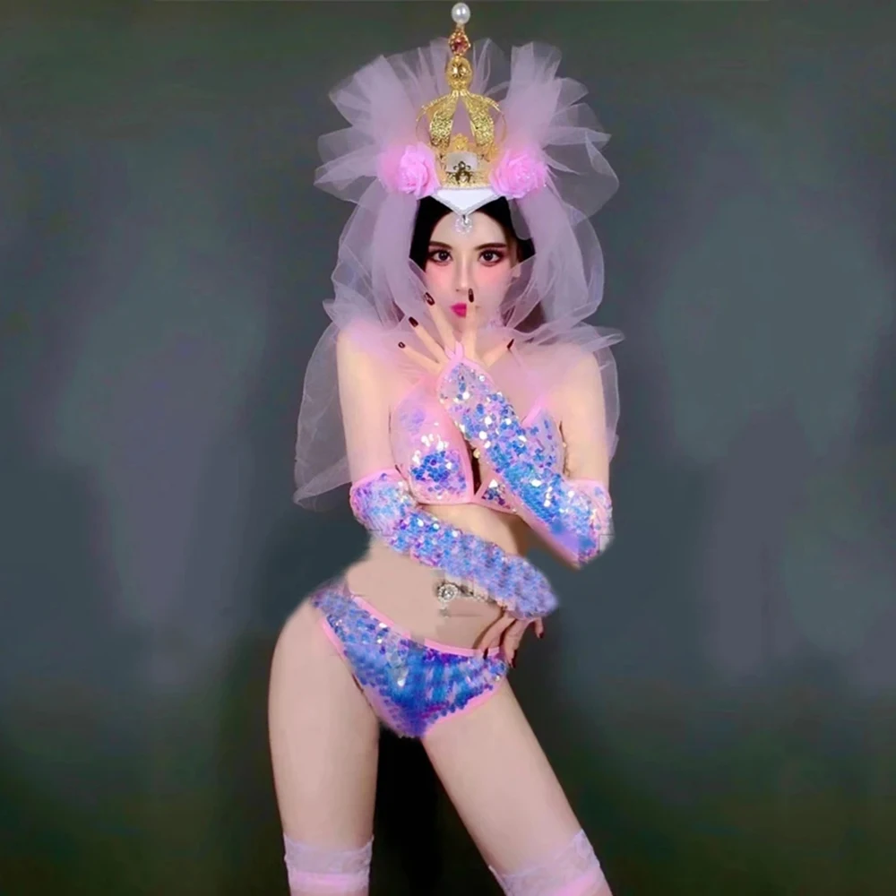 Gogo بار تظهر جو ازياء تظهر الدعائم الدانتيل غطاء الرأس ملهى ليلي بار بيكيني خوذة زي فساتين الحفلات ملابس مثيرة