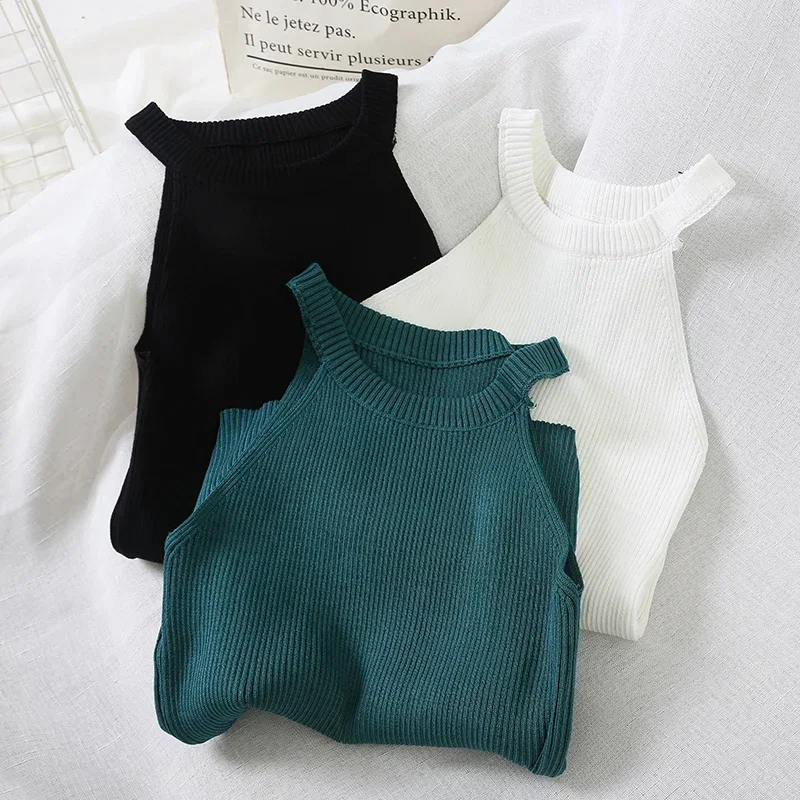 Ribbed Knitted Tops Neck Summer Basic Shirts White Black Casual Sport Vest Off Shoulder Green Women's Tank Top