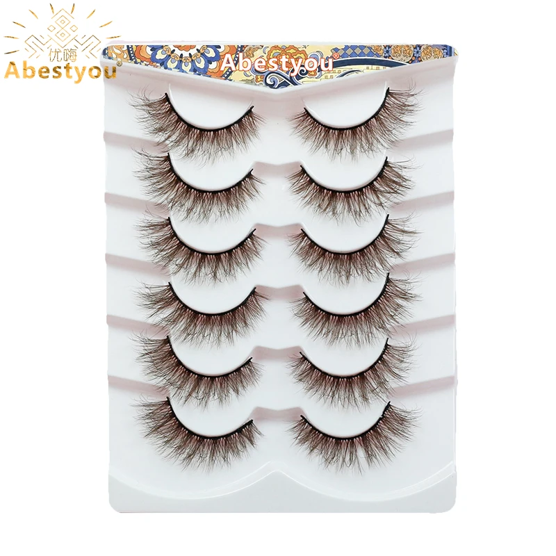 Abestyou 6 คู่ 8d สีน้ําตาลเข้มหรูหรา Mink Fluffy Lashes คุณภาพสูงแถบผ้าฝ้ายสีดํารัสเซียขนตา