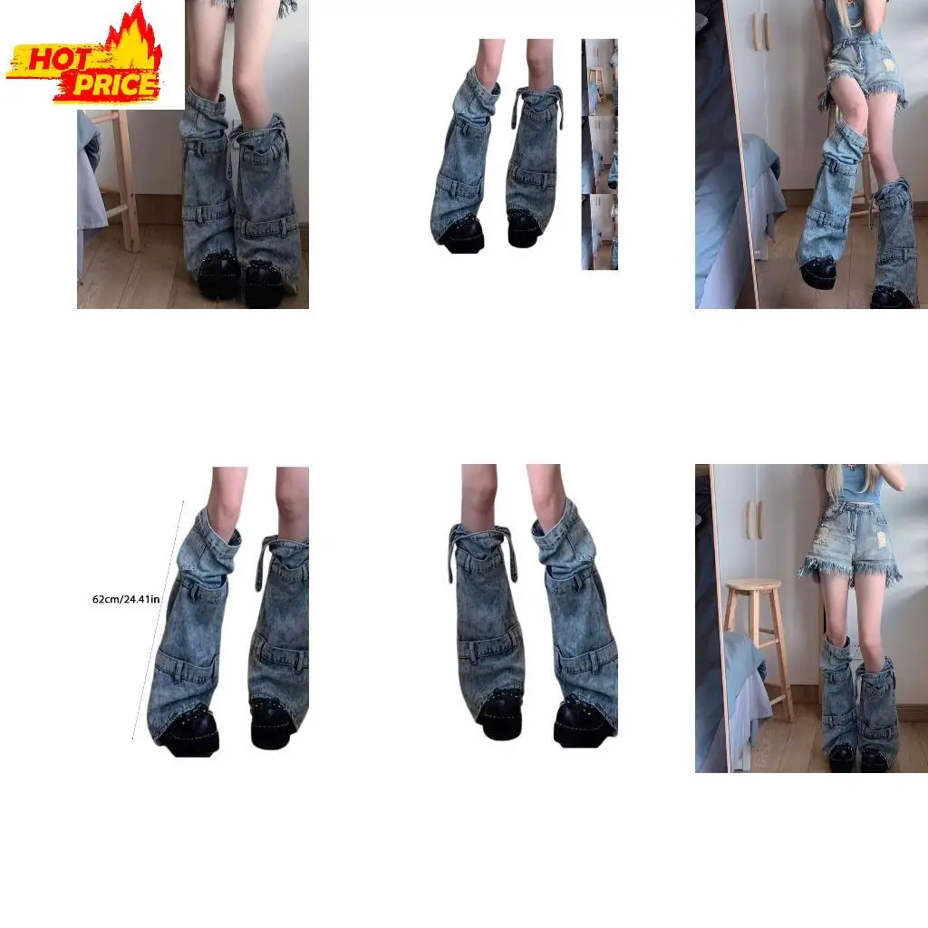 

Asymmetrical Washed Jeans Leg Warmer with Bandages Strap Punk Flared Boot Covers