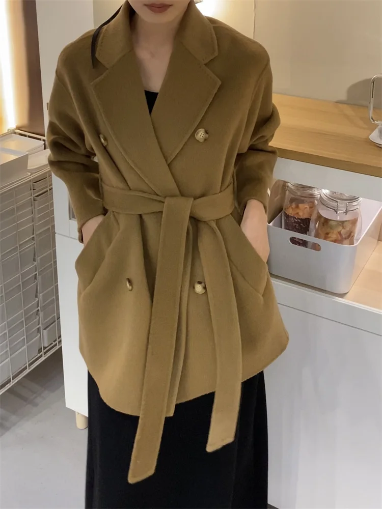 High-end Short Double-breasted Woolen Coat Female Causal Fashion Double-sided Cashmere Coat Women Korean Belt Fit Autumn Winter