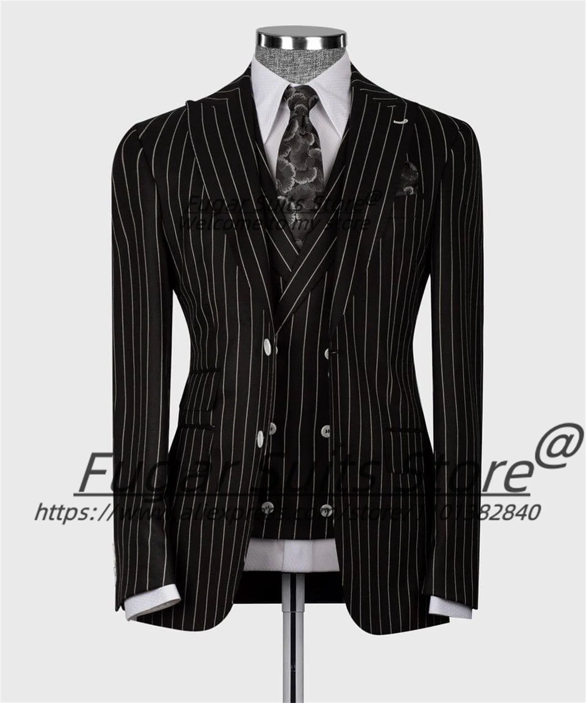 

Business Black Stripe Men Suits Customized Slim Peak Lapel Groom Wedding Tuxedos 3 Pcs Sets Male Blazers Office Work Ropa Hombre