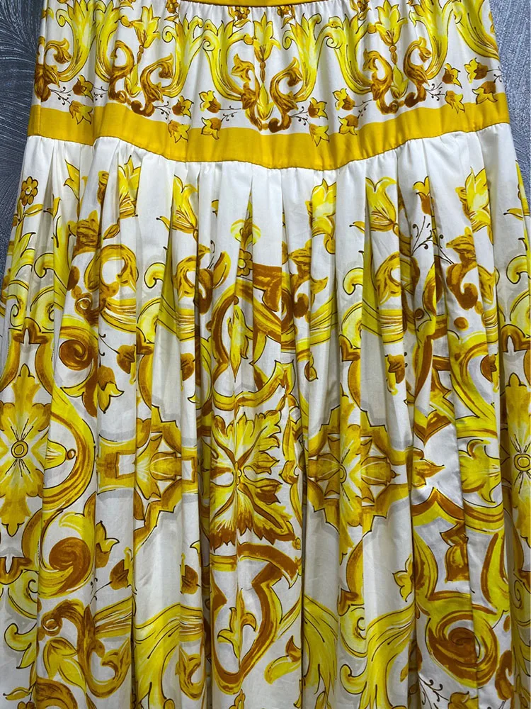 Women\'s Yellow Porcelain Printing Skirt, 100% Cotton, Empire High Street EXpansion Half Dresses, Fashion, Summer