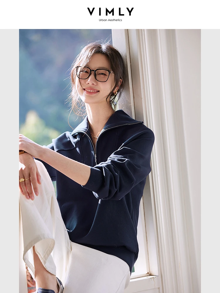 VIMLY Women's Sweatshirts Retro Zipper Lapel Design Spring Female 2025 Casual Pullover Long Sleeve Top Woman Clothing A0309