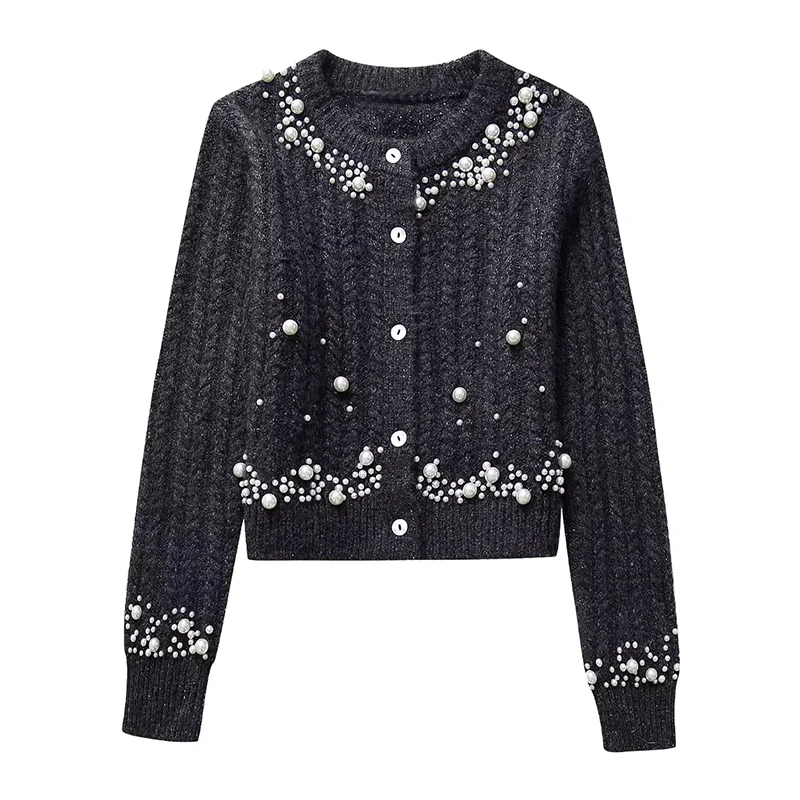 Warm Knitted Sweater Artificial Pearl Decoration Winter Tops Women Casual O-Neck Office Lady Fashion Long Sleeve Sweater