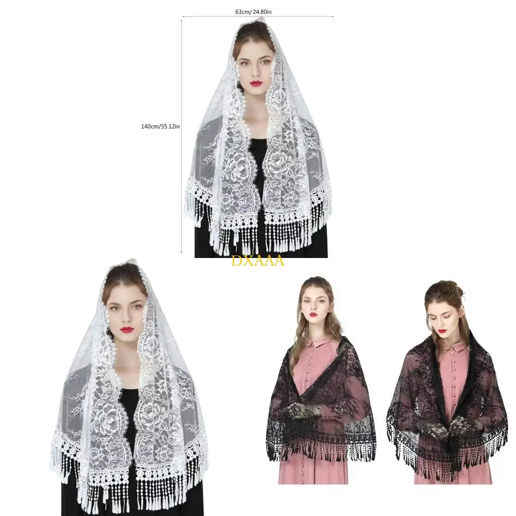 DXAA Delicado velo encaje Mantilla Rose Head que cubre chal floral para madre
