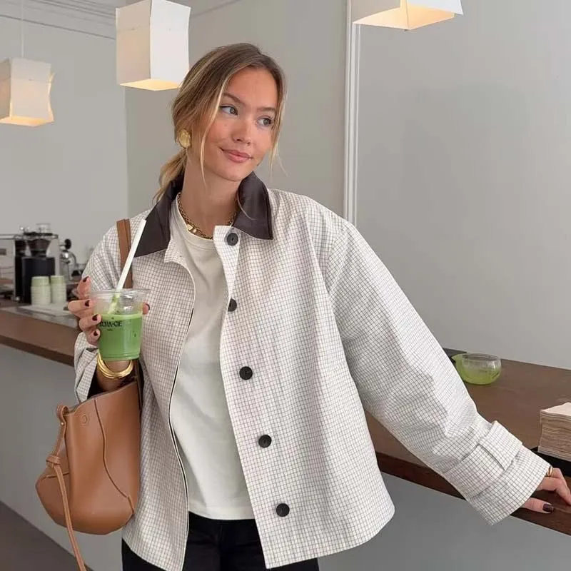 

Короткий плащ с контрастным кожаным воротником для женщин, однобортный свободный клетчатый ветровка с длинными рукавами, куртка