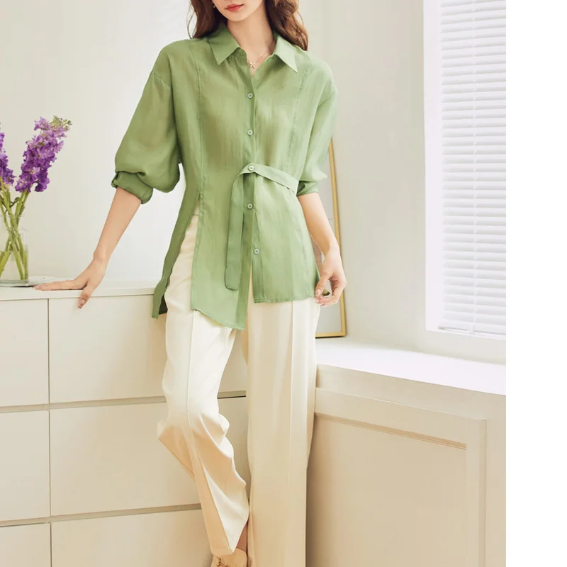 New Summer Women Silk Shirts Fashion Medium Long Women Blouse Shirts