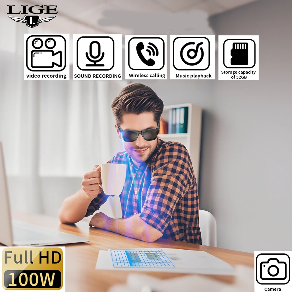 

LIGE AI Smart Glasses 100W Pixels Camera Sunglasses Video Recorder Wireless Bluetooth Calling Glasses AI Translation Assistant
