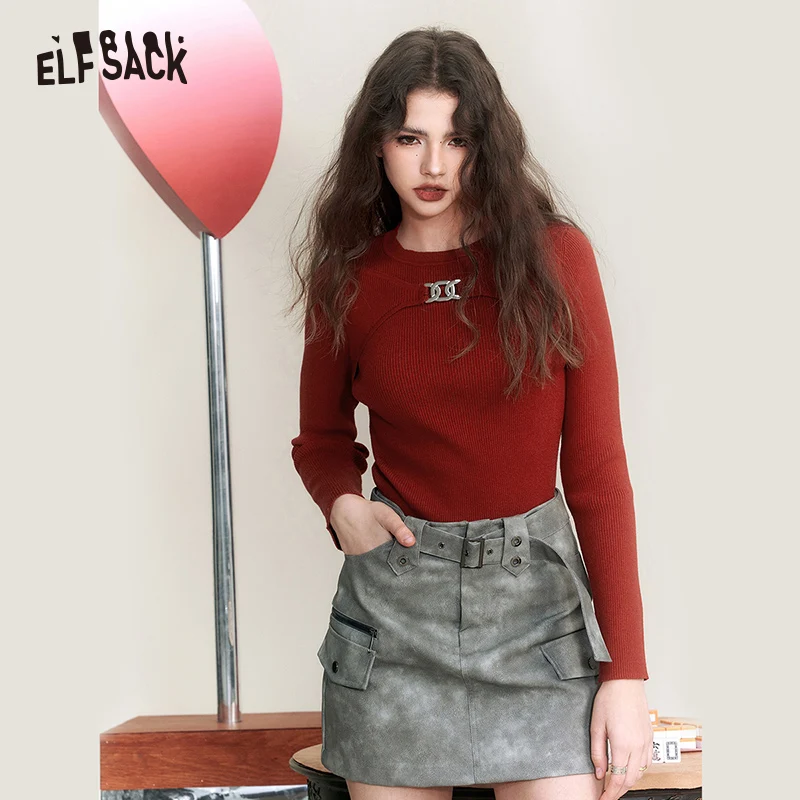 ELFSACK New Chinese Style Slim Knitwear Women 2023 Winter Solid Color Designer Tops