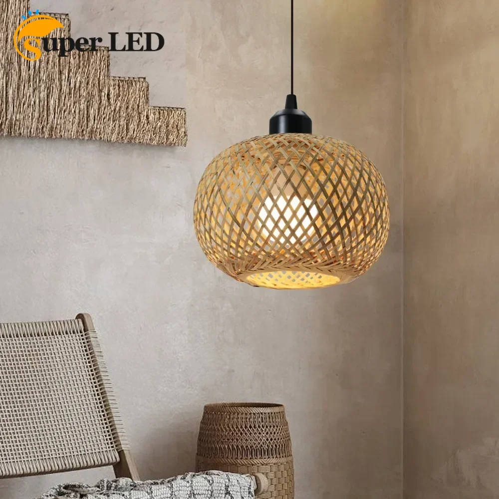 Bamboo Weaving Chandelier Lamp Hanging LED Ceiling Light Pendant Lamp Fixtures Rattan Woven Home Bedroom Decors