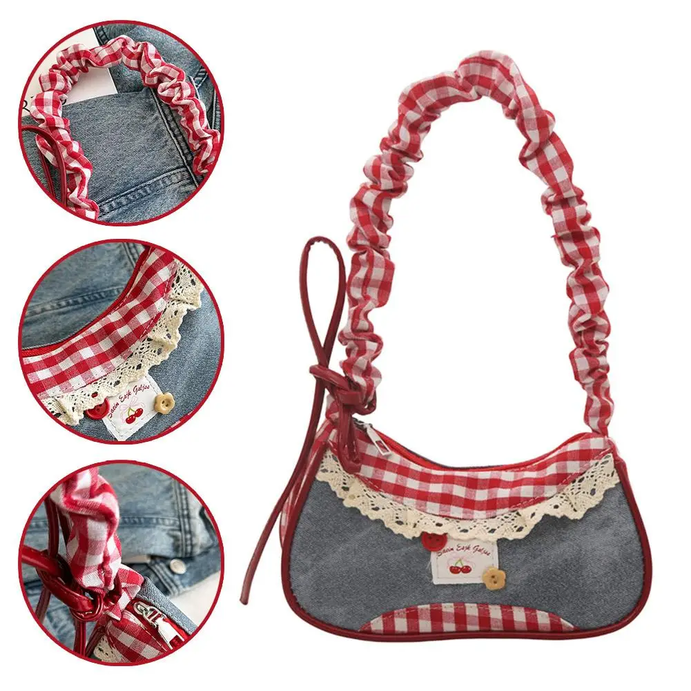 

All-match Sweet French Stick Handbag Denim Blue Bow Plaid Shoulder Bag Large Capacity Lace Ribbon Cloth Underarm Bags Daily