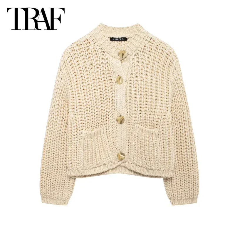 TRAF Autumn 2024 Women Beige Cropped Cardigans Coat Winter Elegant Knitted Sweater Fashion Casual Long Sleeve Short Outerwears