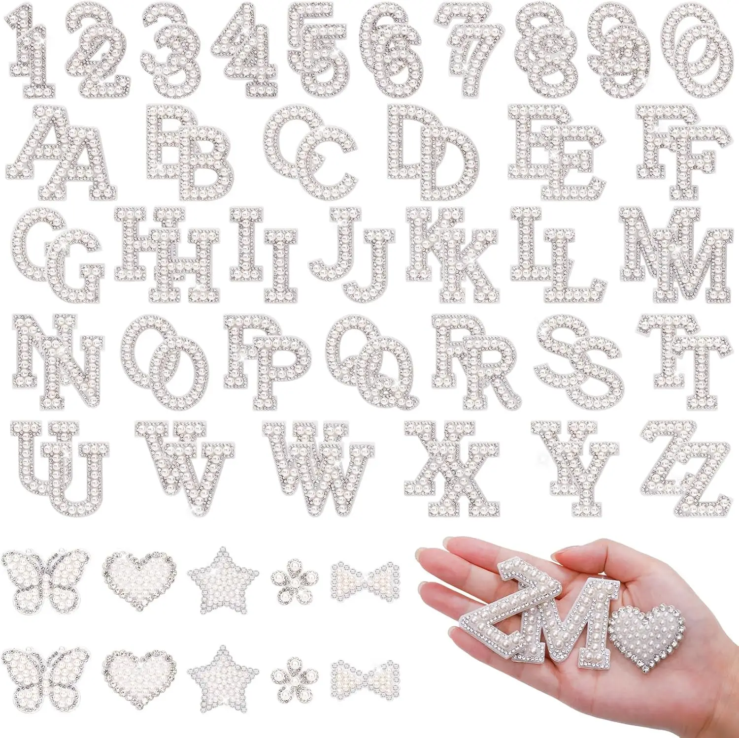 82Pcs Self Adhesive Pearl Letter Patches (A-Z),Number Patch 0-9,Glitter Pearl Letter Patches Rhinestone Applique for DIY Clothes