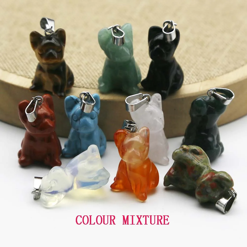 Natural Stone Carved Puppy Necklace Pendants Delicate Sweater Chain Decoration Fashion Charms Jewelry Accessories Wholesale 4Pcs