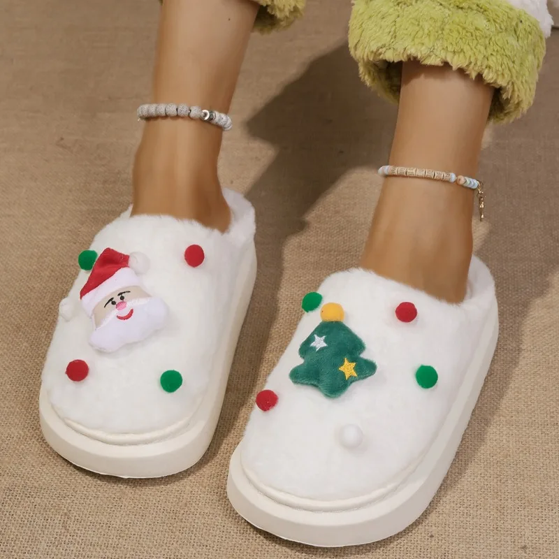 Zapatillas navideñas de invierno, zapatilla de piel de Papá Noel, cojín de felpa suave y cálido, toboganes para dormitorio, zapatillas de algodón para el hogar para hombre y mujer