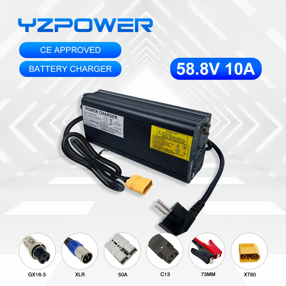 YZPOWER 58.8V 10A 14S Lithium Battery Charger For Fast Charging With Display With Output Plug With Cooling Fans