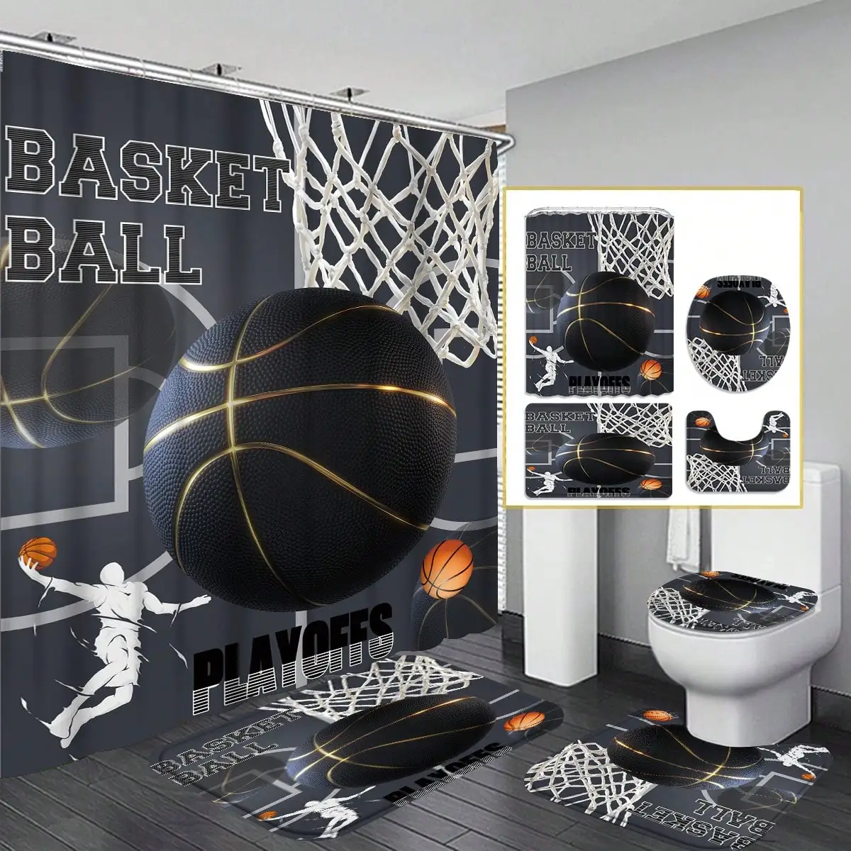 

4PCS Basketball Style Shower Curtain Decoration, Beautifully Disguised Gift For Modern Home Decoration, Waterproof Shower