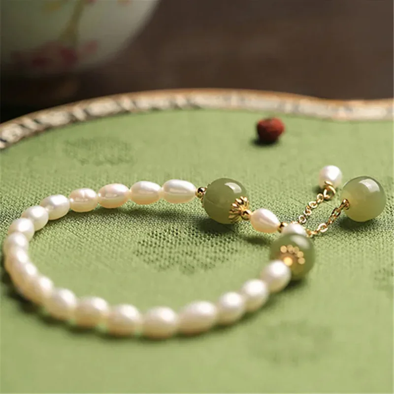 Vintage natürliche Hetian Jade Perlen natürliche Süßwasser Perle Charm Armband Party Glück handgemachte Energie Schmuck für Frauen Geschenke