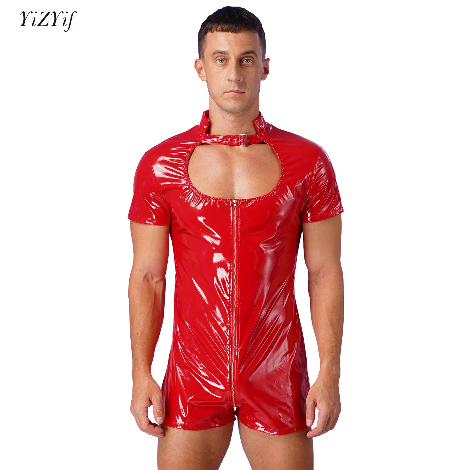 

Mens Catsuit Wet Look Patent Leather Bodysuit Short Sleeve Zipper Jumpsuit Rave Pole Dancing Stage Performance Leotard Clubwear