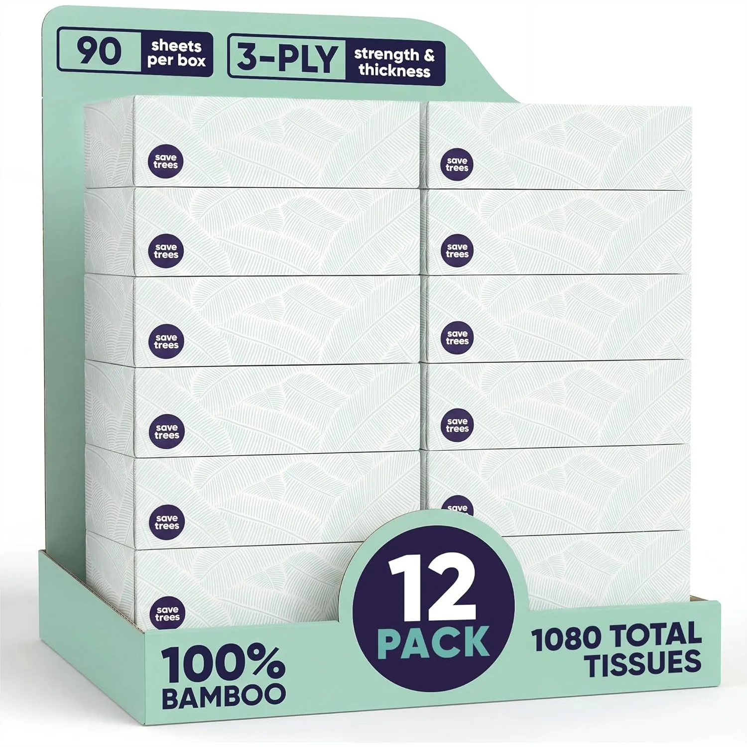 

Bamboo Facial Tissues, 12 Boxes Eco-Friendly 3-Ply Hypoallergenic, 90 Sheets per Box, FSC Certified, Plastic-Free, Soft & Gentle