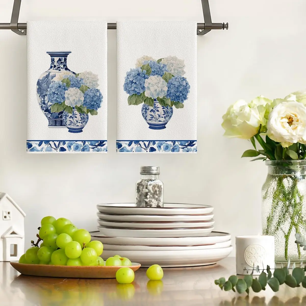 2Pcs, Hydrangea Flower Vase Kitchen Towels, 40Cm*60Cm Towel Set, Best Kitchen Towels, Fun Kitchen Towels, Super Absorbent Soft Cleaning Cloth, Cooking and Baking Tea Towels, Hand Towels, Cleaning Cloths, Dishcloths, Kitchen Decor, Living Room Decorations, Kitchen Essentials, Home Essentials