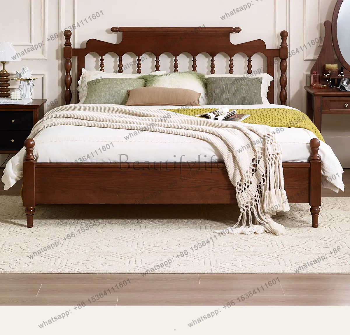 

French retro style solid wood bed walnut American 1.5m medium and ancient bed