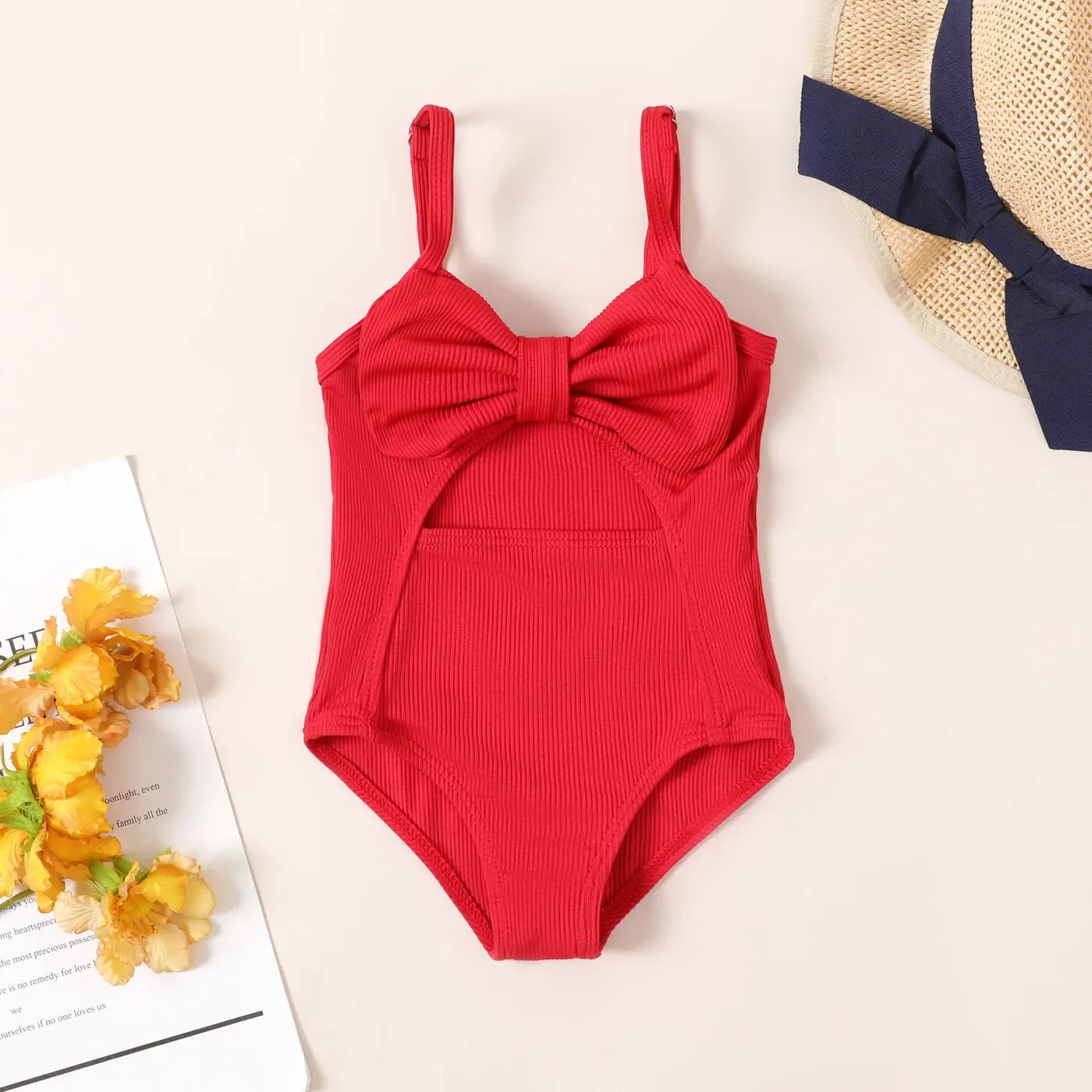 PatPat Baby Girl Solid Bow Front Rib-knit One Piece Swimsuit Hyper-Tactile / 3D Casual/Outdoor  Sweet Solid color